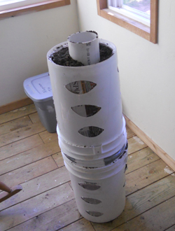 A homemade garden tower assembled.